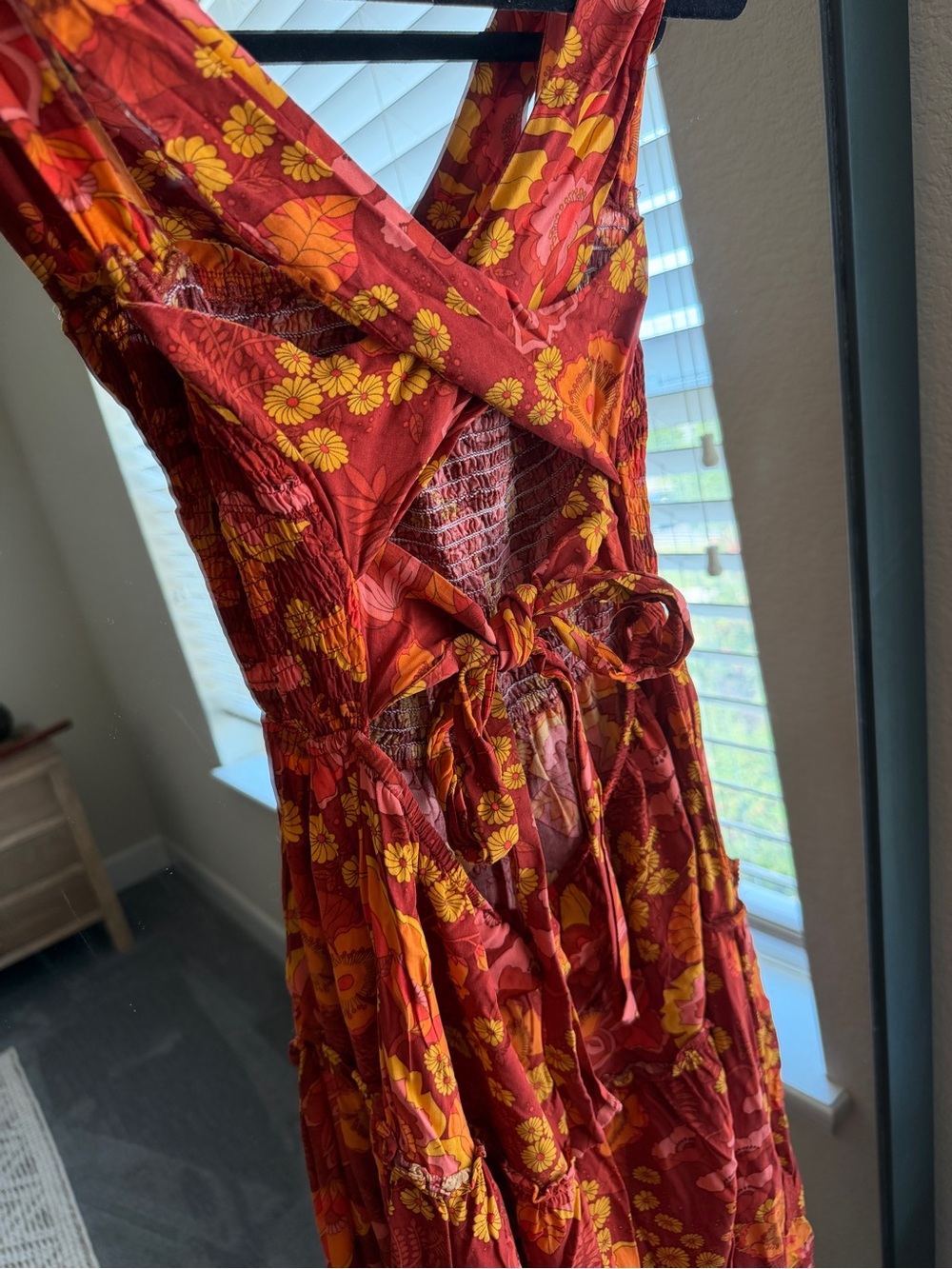 ZESICA Boho Floral Criss Cross Back Tiered Midi Dress - Sunset Orange & Pink - Picture 4 of 5
